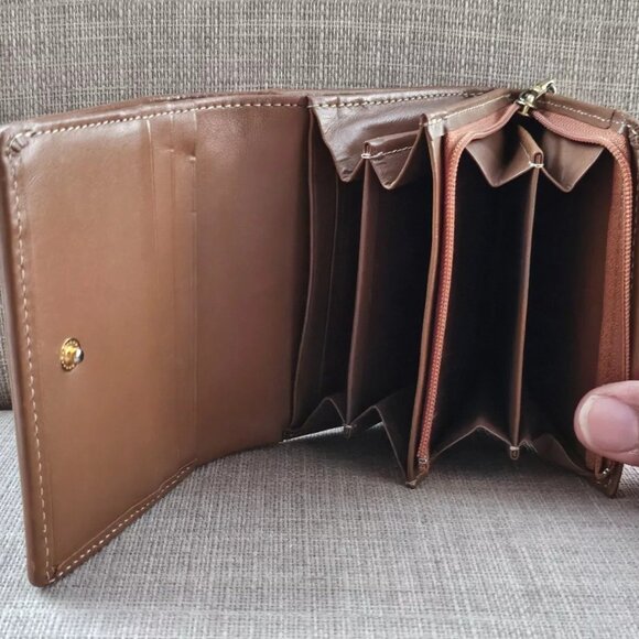 Nina Ricchi Wallet Trifold Cardholder Zip Around Coin Pocket Brown Leather Purse - Picture 9 of 12